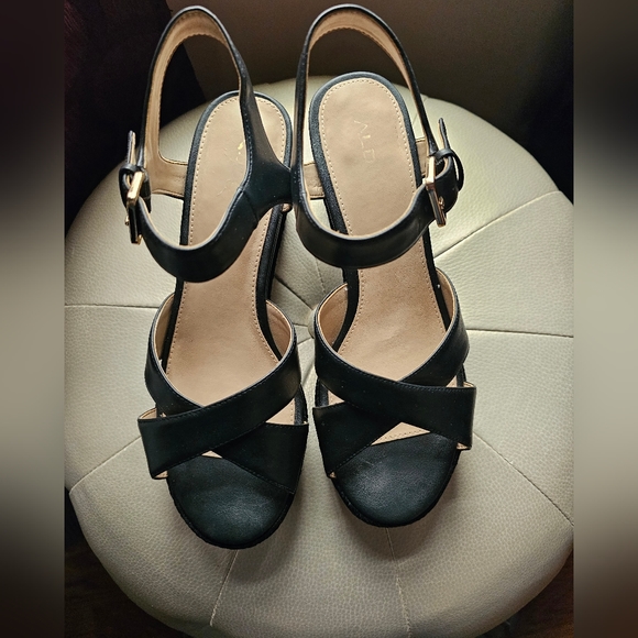 Aldo Women's Woevia size 8.5Wedge Sandals Black Leather Espadrille Wedge Strappy - Picture 3 of 8